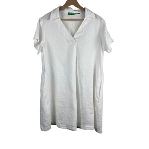 United Colors of Benetton White Pure Linen V-Neck‎ Collared Shift Dress Pockets